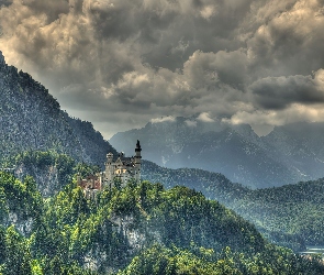 Niemcy, Chmury, Neuschwanstein, Zamek, Zalesione, Góry