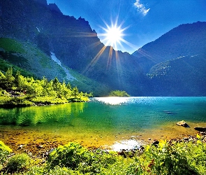 Promienie, Słońce, Jezioro, Góry