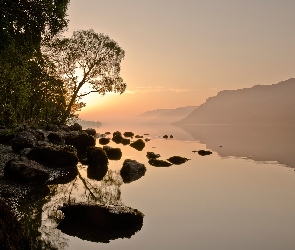 Jezioro, Słońca, Kamienie, Zachód, Góry