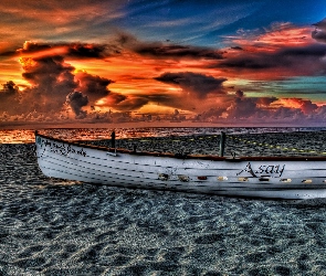 Słońca, Łajba, Plaża, Morze, Zachód