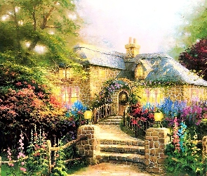 Dom, Płotek, Kwiaty, Ogród