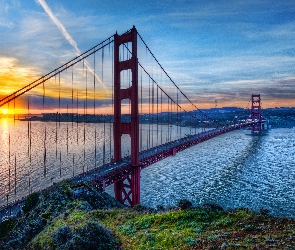 Rzeka, Most Golden Gate, San Francisco, Zachód Słońca