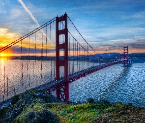 Most Golden Gate, San Francisco, Rzeka, Zachód Słońca