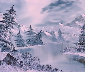 Obraz, Rzeka, Zima, Góry