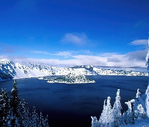 Las, Wyspa, Śnieg, Góry, Jezioro