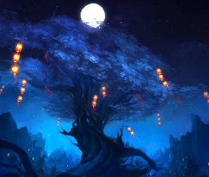 Noc, Księżyc, Lampiony, Drzewo