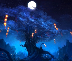 Księżyc, Lampiony, Noc, Drzewo
