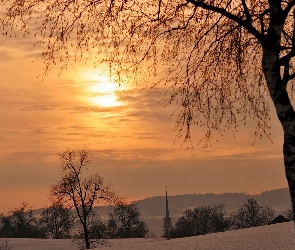 Zima, Zachód Słońca, Pola, Drzewa