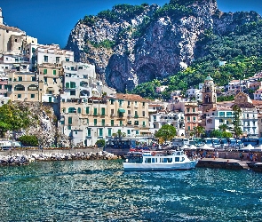 Amalfi, Góry, Morze, Łódź, Miasto