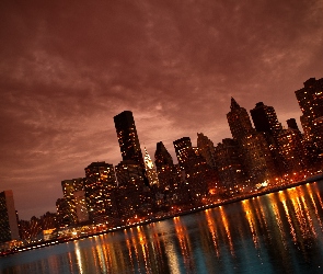 Nowy Jork, Zmrok, Wieżowce, Światła, Manhattan