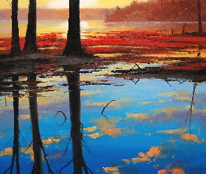 Drzewa, Słońca, Jezioro, Zachód