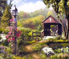 Ogród, Most, Ścieżka, Kryty, Kwiaty