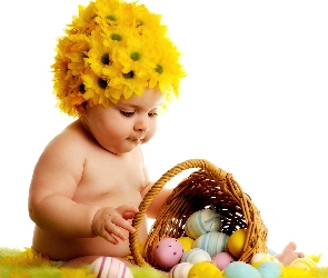 Dziecko, Jajka, Kwiaty, Koszyk