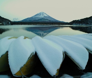 Jezioro, Japonia, Fuji, Góra, Zima