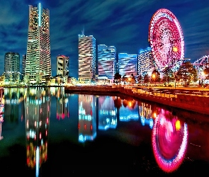 Yokohama, Młyn, Noc, Miasto, Światła, Diabelski