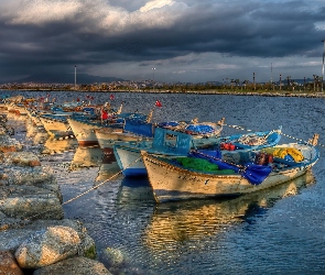 Burzowe, Łodzie, Zacumowane, Niebo, Zatoka