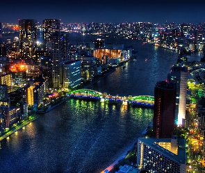 Miasto, Rzeka, Most, Noc, Tokio