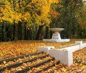 Liście, Ławka, Park, Jesień