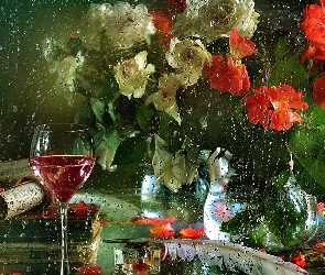 Róże, Deszcz, Szyba