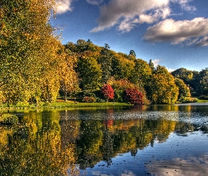 Jezioro, Jesień, Niebo, Chmury, Drzewa