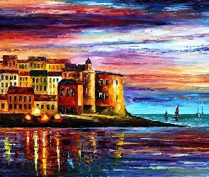 Malarstwo, Leonid Afremov, Domy, Morze