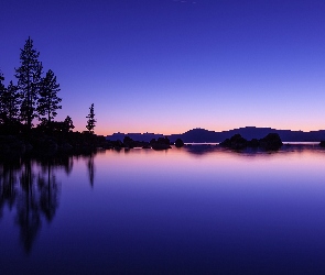 Kalifornia, Tahoe, Drzewa, Jezioro, Góry, Noc