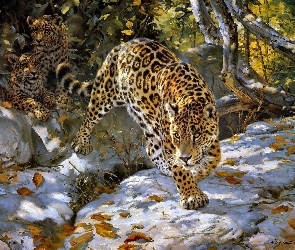 Drzewa, Jaguar, Art, Śnieg