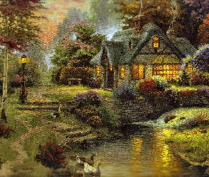 Obraz, Kwiaty, Drzewa, Thomas Kinkade, Krzewy, Domek, Rzeczka