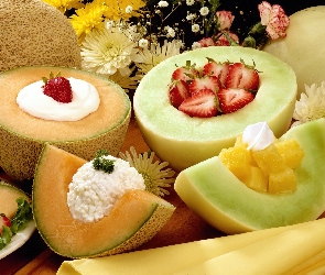 Kwiaty, Twarożek, Melony, Truskawki