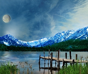 Jezioro, Pomost, Księżyc, Góry