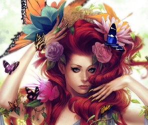 Kobieta, Motyle, Kwiaty