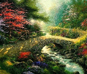 Rzeczka, Obraz, Kwiaty, Drzewa, Most