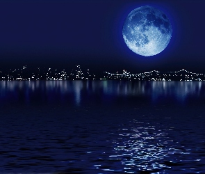 Księżyc, Miasto, Noc, Woda