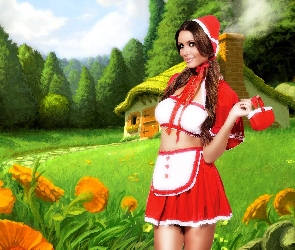 Kwiaty, Las, Czerwony Kapturek, Kobieta, Cosplay, Chatka