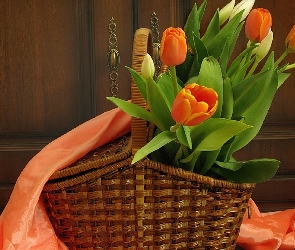 Kosz, Atłas, Tulipany, Pomarańczowe, Wiklinowy