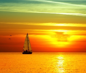 Jacht, Zachód Słońca, Morze