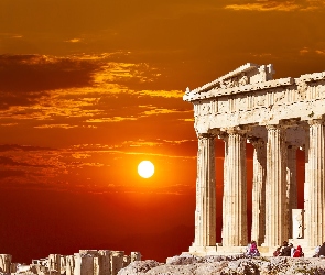 Partenon, Grecja, Ateny, Zachód Słońca