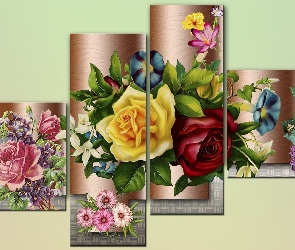 Kolorowe, Art, Róże, Dekoracja, Kwiaty