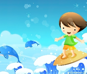 Dziecko, Surfing, Fale, Morze