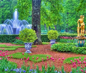 Park, Posąg, Tulipany, Złoty, Fontanna