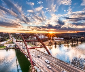 Rzeka, Most, Słońca, Zachód
