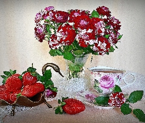 Herbatka, Truskawki, Bukiet, Róż