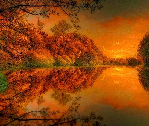 Zachód, Jesień, Rzeka, Drzewa, Słońca