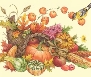 Halloween, ptaszek, dynie , warzywa