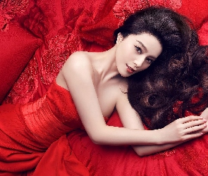 Czerwona, Włosy, Czarne, Sukienka, Fan Bingbing