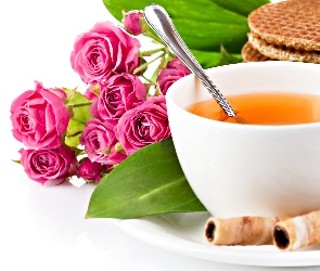 Herbatka, Śniadanie, Róże, Ciasteczka