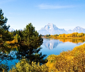 Stan Wyoming, Stany Zjednoczone, Drzewa, Rzeka Snake River, Góry, Szczyt Mount Moran, Park Narodowy Grand Teton