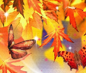 Żółte, Motyle, Jesień, Liście, Czerwono