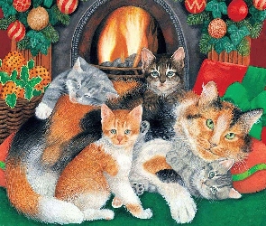 Narodzenie, Boże, Koty, Kominek