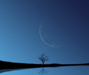 Woda, Drzewo, Księżyc, Niebo
